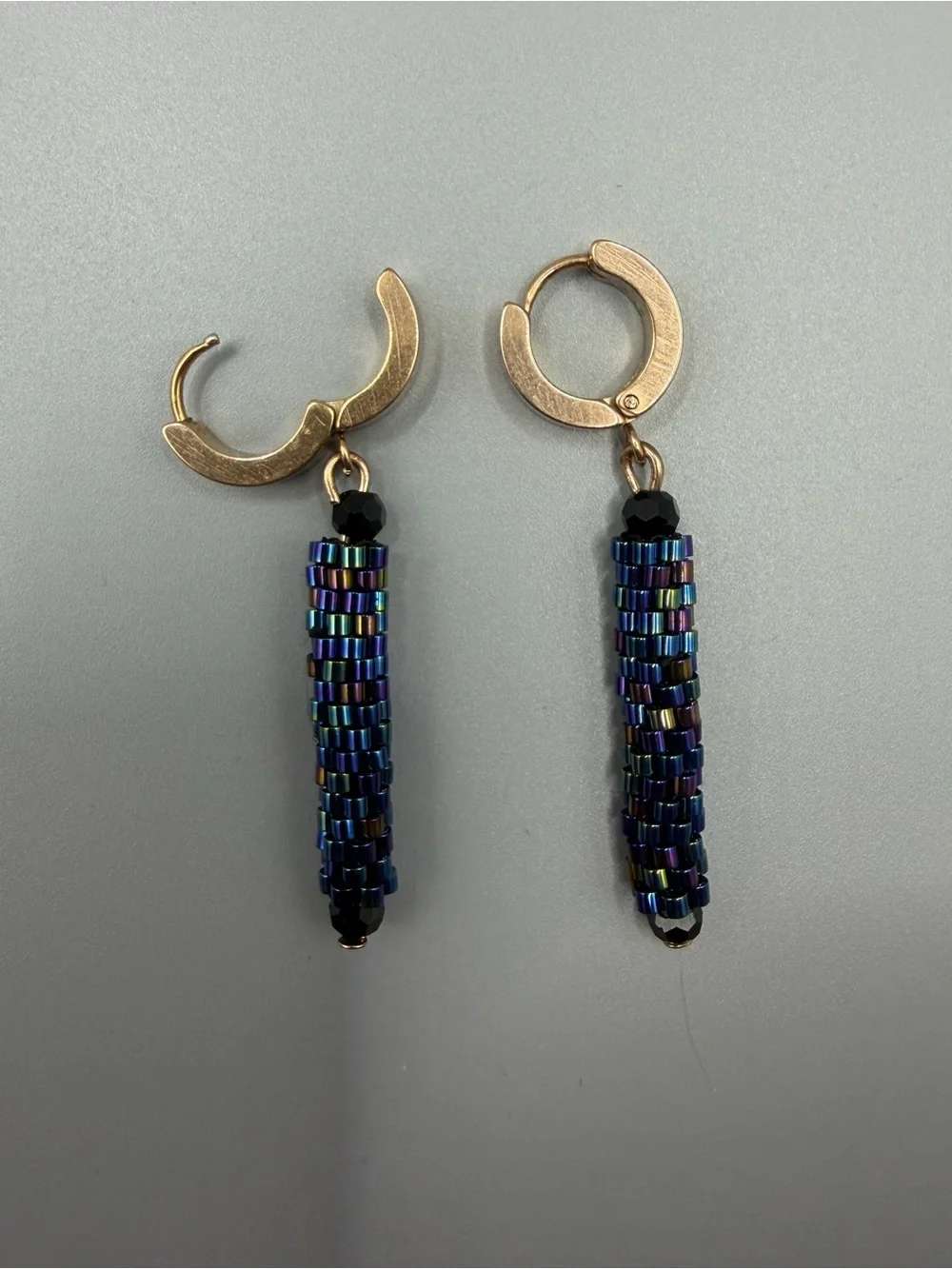 Gold Hoop Earrings with Iridescent Blue Beaded Drops